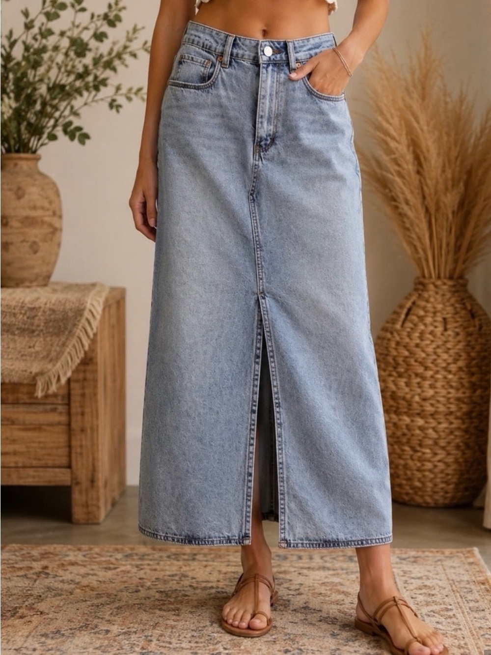 Blank NYC Light/Medium Blue Denim Maxi Skirt with Front Slit Size 27 (4)